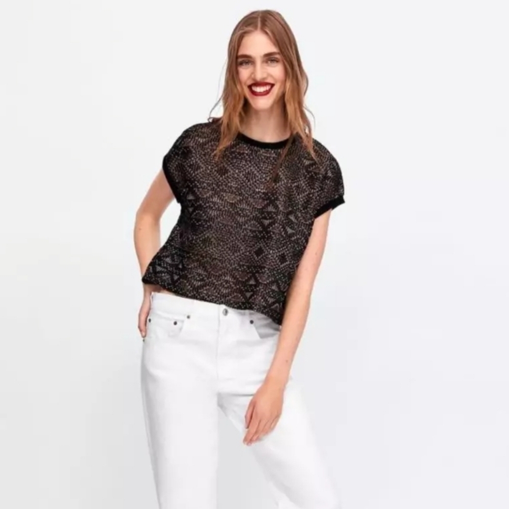 Zara Metallic Black Womens Aztec‎ Boxy Crop Sheer Top Size Small Brand New